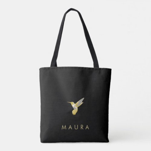 Elegant Personalized Gold Hummingbird on Black  Tote Bag