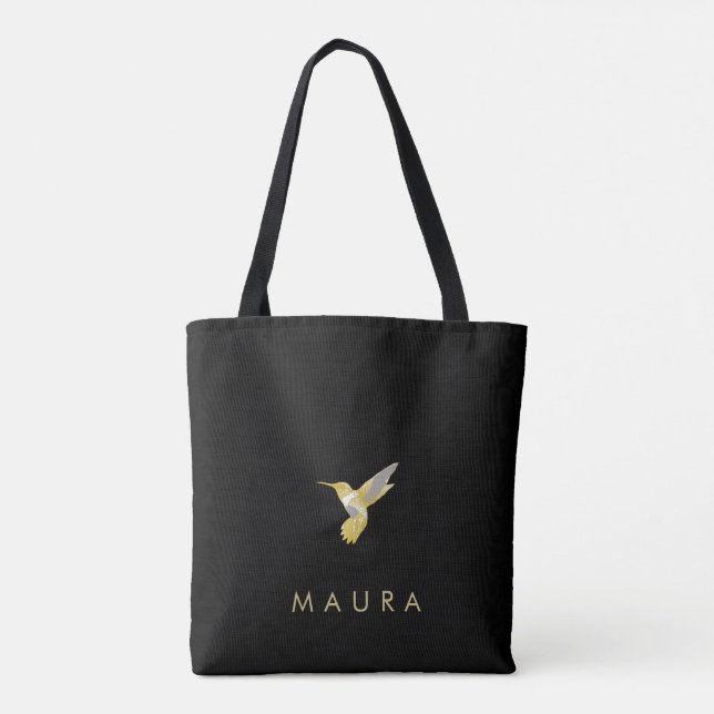 Elegant Personalized Gold Hummingbird on Black  Tote Bag (Back)