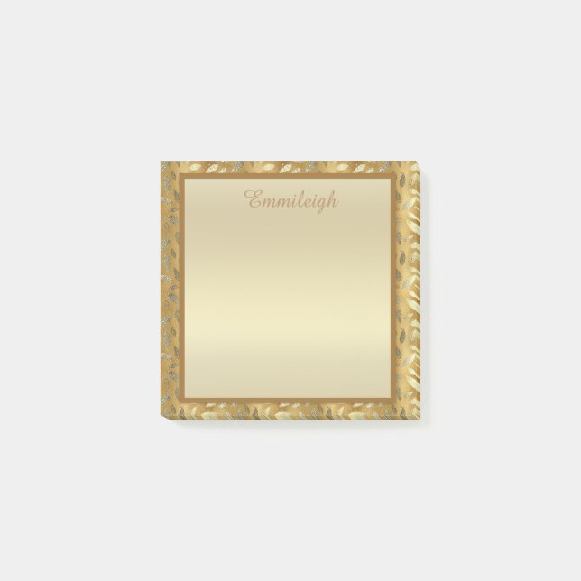 Elegant Personalized Gold Leaves Post It Notes (Front)