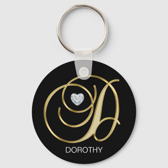 Elegant Personalized Gold Monogrammed Letter D Keychain (Front)