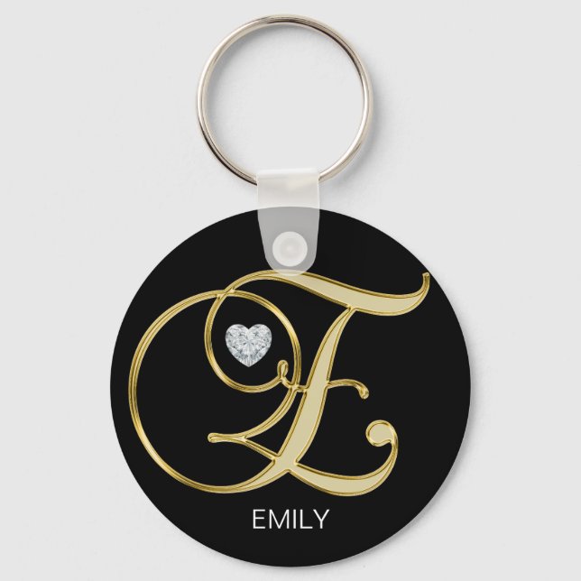 Elegant Personalized Gold Monogrammed Letter E Keychain (Front)