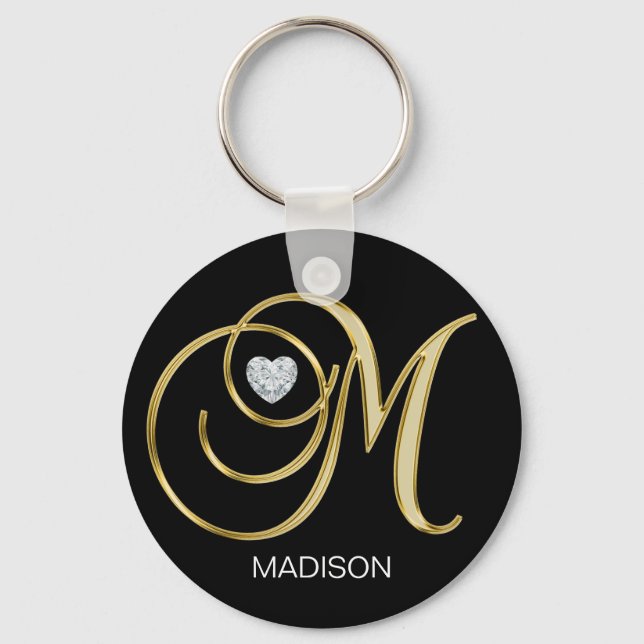 Elegant Personalized Gold Monogrammed Letter M Keychain (Front)