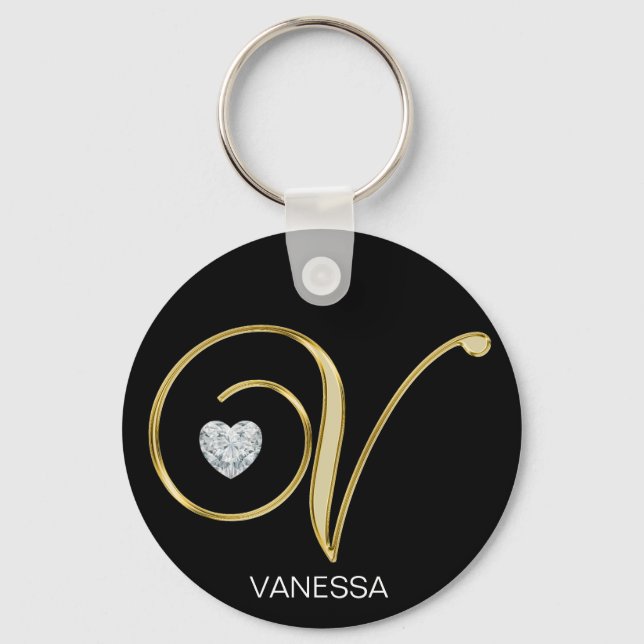 Elegant Personalized Gold Monogrammed Letter V Keychain (Front)