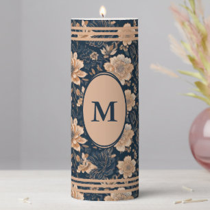 Elegant Personalized Gold Navy Floral Pillar Candle