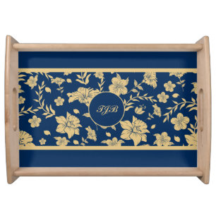 Elegant Personalized Gold Navy Floral Serving Tray