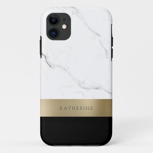 Elegant personalized gold white marble  iPhone 11 case