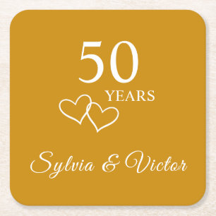 Elegant Personalized Golden 50th Anniversary Party Square Paper Coaster