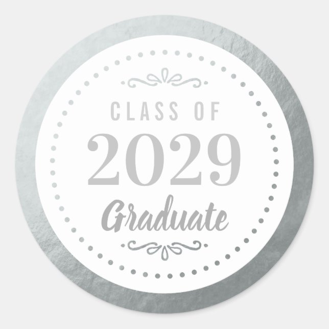 Elegant Personalized Graduate Faux Silver Foil Classic Round Sticker (Front)