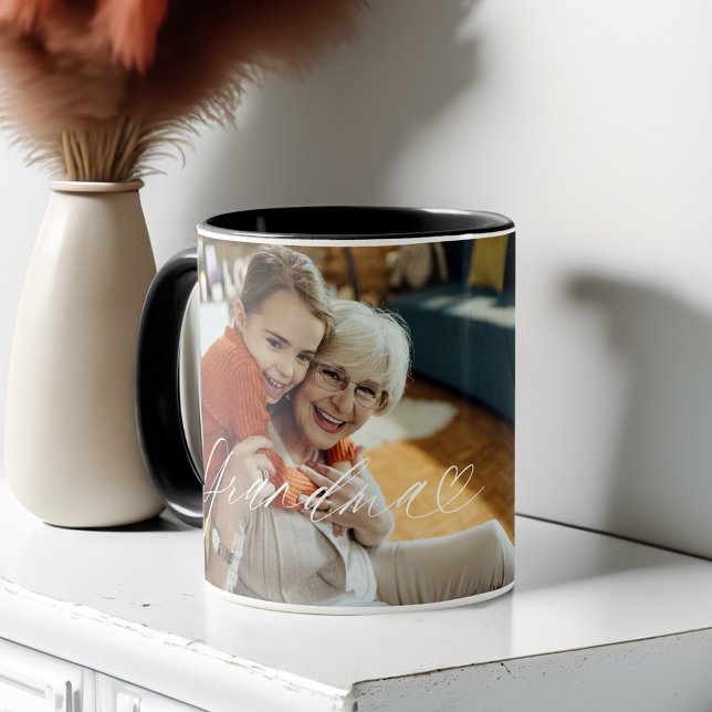 Elegant Personalized Grandma Photo Mother's Day Mug (Grandma Script Heart Grateful Every Moment Photo Mug)