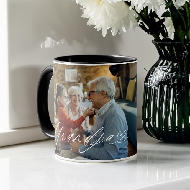 Elegant Personalized Grandpa Photo Father's Day Mug (Grandpa Script Heart Grateful Every Moment Photo Mug)