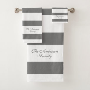 Elegant Personalized Gray and White Stripes Bath Towel Set