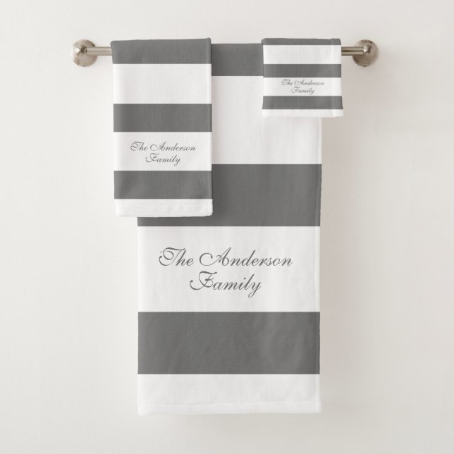 Elegant Personalized Gray and White Stripes Bath Towel Set (Insitu)
