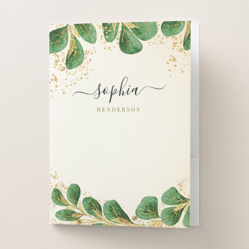Elegant Personalized Green Gold Eucalyptus Floral Pocket Folder
