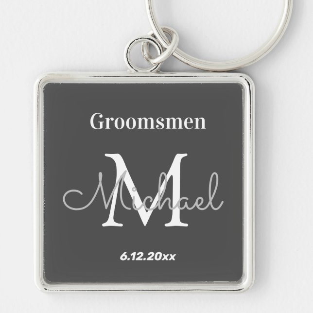 elegant personalized  groomsmen black white keychain (Front)