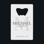 Elegant Personalized Groomsmen Credit Card Bottle Opener<br><div class="desc">Add a personal touch to your wedding with personalized groomsmen credit card bottle opener. This bottle opener features personalized groomsman's name with title and wedding date in grey and monogram in light grey as background, in classic serif font style, on white background. Also perfect for best man, father of the...</div>
