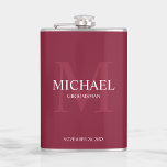 Elegant Personalized Groomsmen Monogram and Name Flask<br><div class="desc">Add a personal touch to your wedding with personalized groomsmen flask. This flask features personalized groomsman's name with title and wedding date in white and monogram in light burgundy red as background, in classic serif font style, on burgundy red background. Also perfect for best man, father of the bride and...</div>