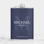 Elegant Personalized Groomsmen Monogram and Name Flask<br><div class="desc">Add a personal touch to your wedding with personalized groomsmen flask. This flask features personalized groomsman's name with title and wedding date in white and monogram in light navy blue as background, in classic serif font style, on navy blue background. Also perfect for best man, father of the bride and...</div>