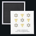 Elegant Personalized Hanukkah Magnet<br><div class="desc">Elegant HAPPY HANUKKAH magnet, showing faux gold and silver STAR OF DAVID and MENORAH in a tiled pattern. Text reads HAPPY HANUKKAH with a placeholder name, and is CUSTOMIZABLE, so you can PERSONALIZE it by adding your name or other text. Ideal for Hanukkah celebrations, and with customization can be suitable...</div>