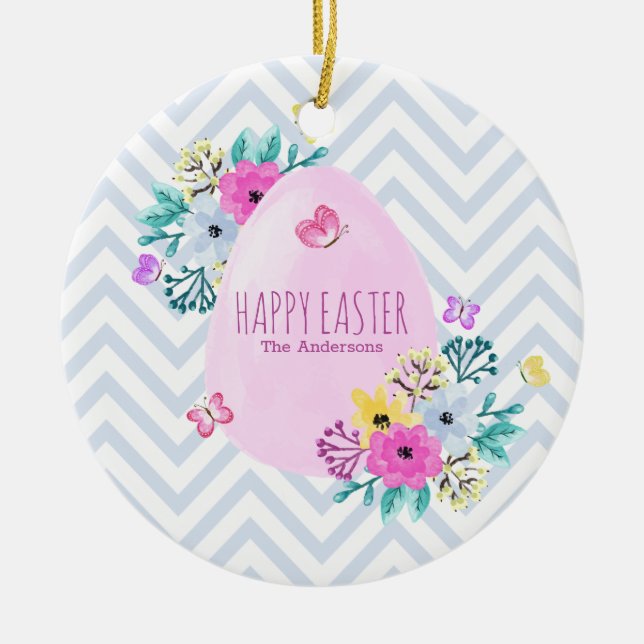Elegant Personalized Happy Easter Ceramic Ornament (Front)