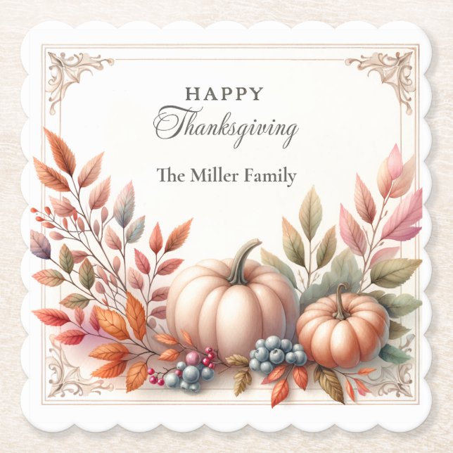 Elegant Personalized, Happy Thanksgiving Pumpkins Paper Coaster (Front)
