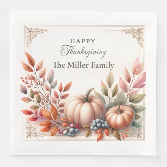 Elegant Personalized, Happy Thanksgiving Pumpkins Paper Dinner Napkins (Front)
