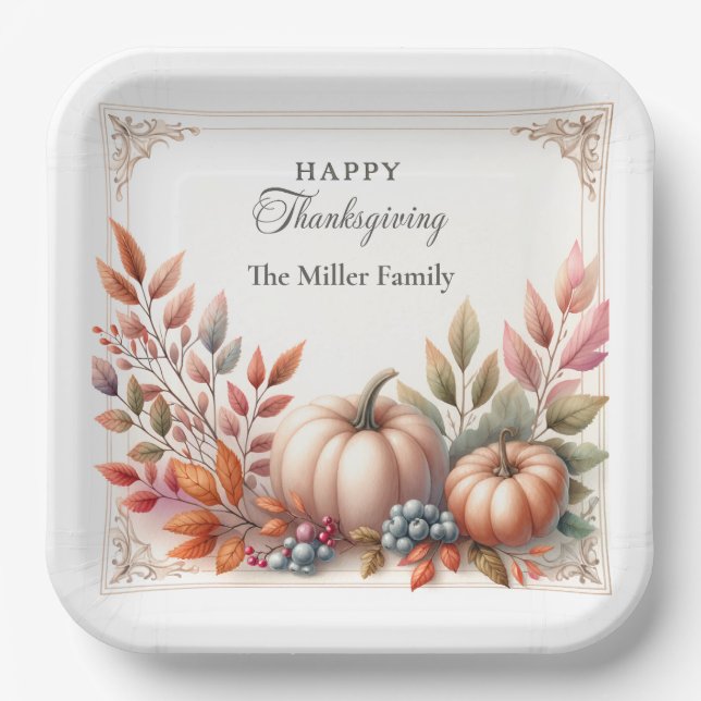 Elegant Personalized, Happy Thanksgiving Pumpkins Paper Plates (Front)