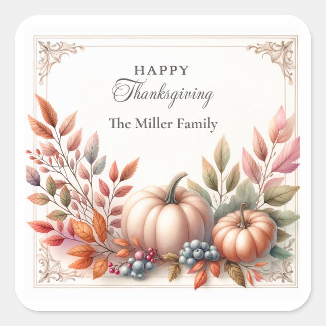 Elegant Personalized, Happy Thanksgiving Pumpkins Square Sticker (Front)