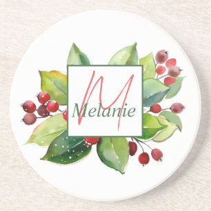 Elegant Personalized Holiday Botanical Red Berries Coaster