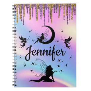 elegant personalized holographic fairy glitters notebook
