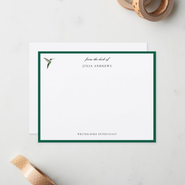 Elegant personalized hummingbird note card (Front/Back In Situ)