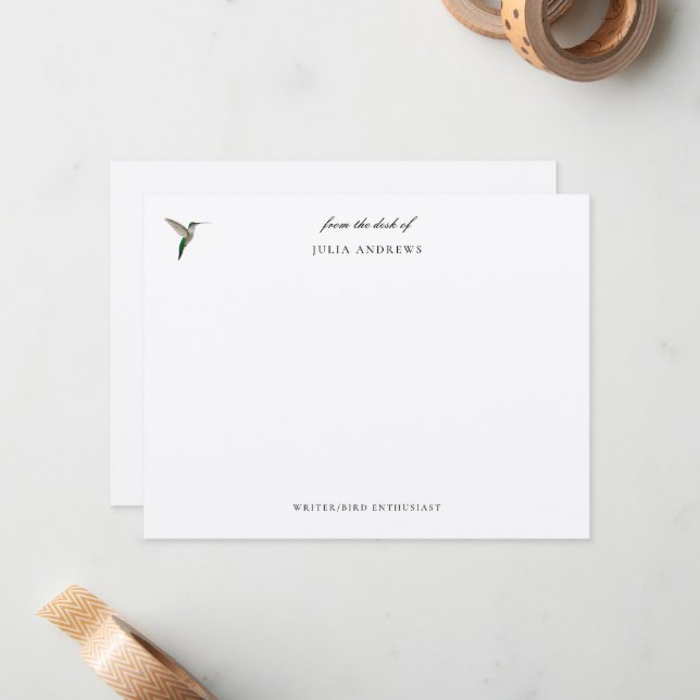 Elegant personalized hummingbird note card (Front/Back In Situ)