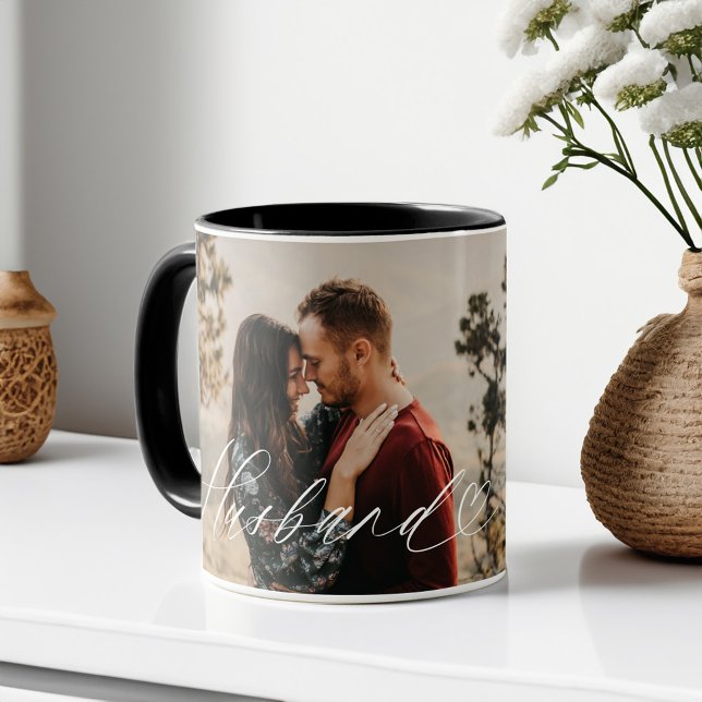Elegant Personalized Husband Photo Anniversary Mug (Husband Script Heart Grateful Every Moment Photo Mug)