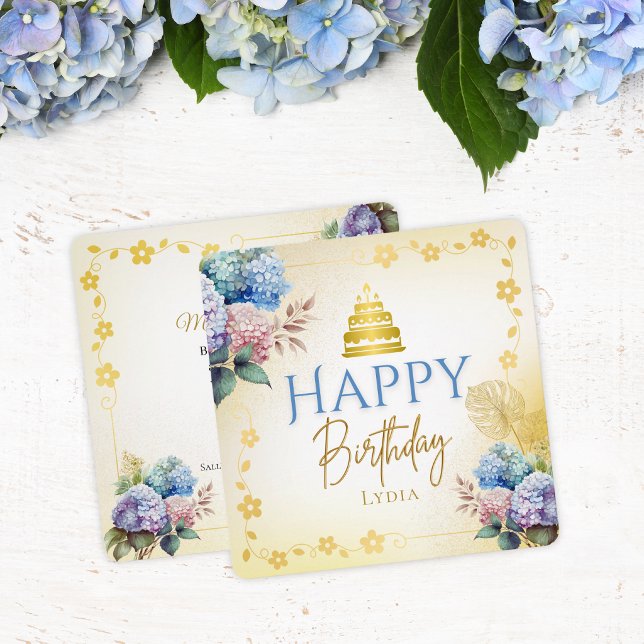 Elegant Personalized Hydrangea Flat Birthday Card (Creator Uploaded)