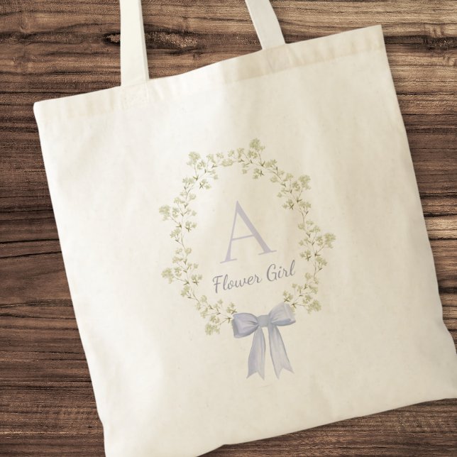 Elegant Personalized Initial Cute Bow Flower Girl Tote Bag (Cute flower girl tote bag with her initial and a dusty blue bow)