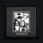 Elegant Personalized Jewelry Box Western Male Art<br><div class="desc">Elegant Personalized Jewelry Box Western Cowboy Bodybuilder Art. Cool wooden trinket jewelry box with original fine art drawing of a handsome masculine cowboy bodybuilder, printed on the wooden keepsake jewelry box. Click image to customize it quickly and easily. 30 Day Money Back Guarantee. Elegant Personalized Jewelry Box Western Male Art,...</div>