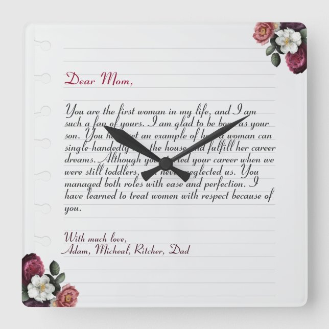 Elegant Personalized Love Letter Handwritten Square Wall Clock (Front)