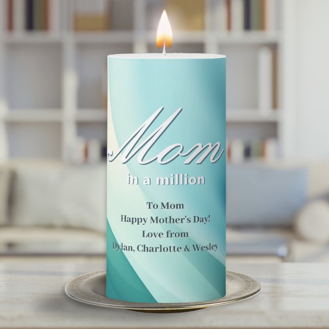 Elegant Personalized Mom In A Million Mother's Day Pillar Candle (A stylish aqua patterned candle for Mother's Day, with 'Mom in a Million' words and custom text)