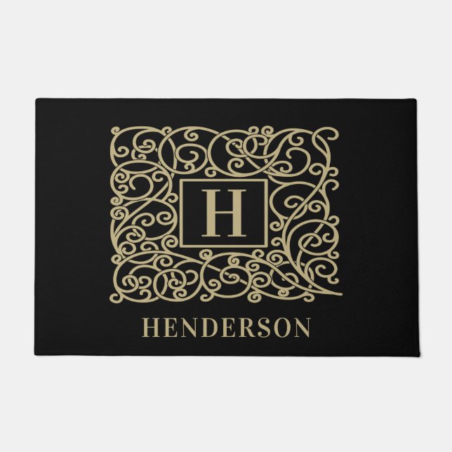 Elegant Personalized Monogram Family Name Black Doormat (Front)