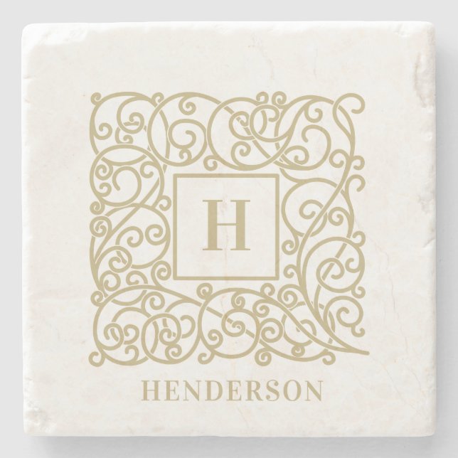 Elegant Personalized Monogram Family Name Stone Coaster (Front)