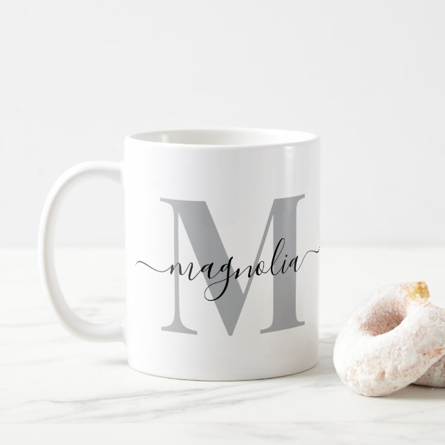 Elegant Personalized Monogram Gray Black Initial Coffee Mug (With Donut)