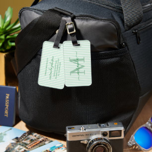 Elegant Personalized Monogram Green Stripe Luggage Tag