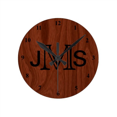 Elegant Personalized Monogram | Mahogany Wood Look Round Clock