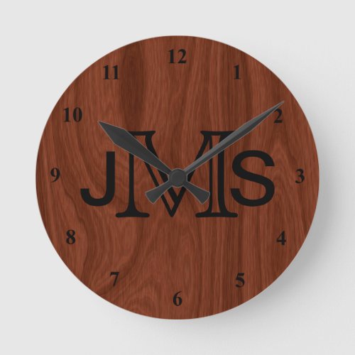 Elegant Personalized Monogram  Mahogany Wood Look Round Clock