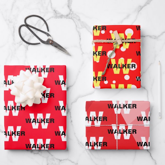 Elegant Personalized Monogram Name Bright Red Gift Wrapping Paper Sheets (Front)