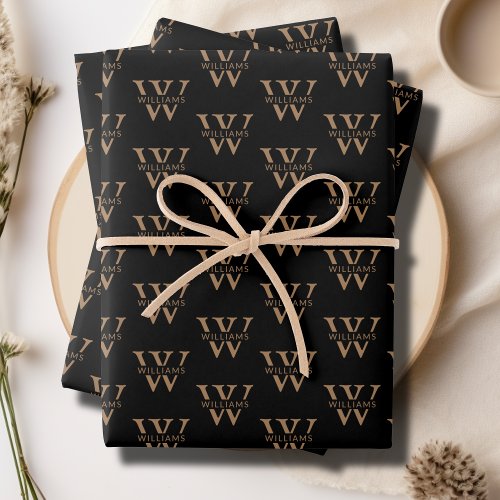 Elegant Personalized Monogram Name Custom Black Wrapping Paper Sheets