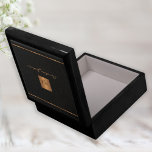 Elegant personalized monogram name script black gift box<br><div class="desc">Luxury exclusive looking monogrammed stylish personalized jewelry keepsake box featuring a faux gold copper metallic glitter square and lines over a stylish classy black leather look background.           Personalize it with your name and monogram initials.</div>