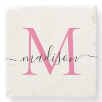 Elegant Personalized Monogram Script Magenta Pink Stone Coaster Elegant Personalized Monogram Script Magenta Pink Stone Coaster