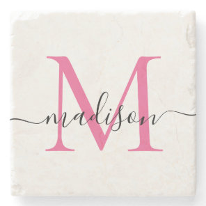 Elegant Personalized Monogram Script Magenta Pink Stone Coaster