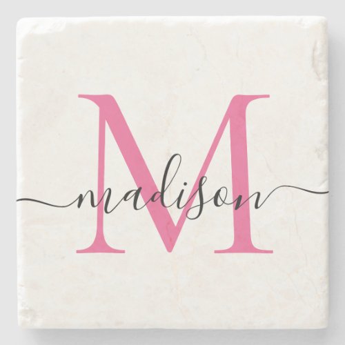 Elegant Personalized Monogram Script Magenta Pink Stone Coaster