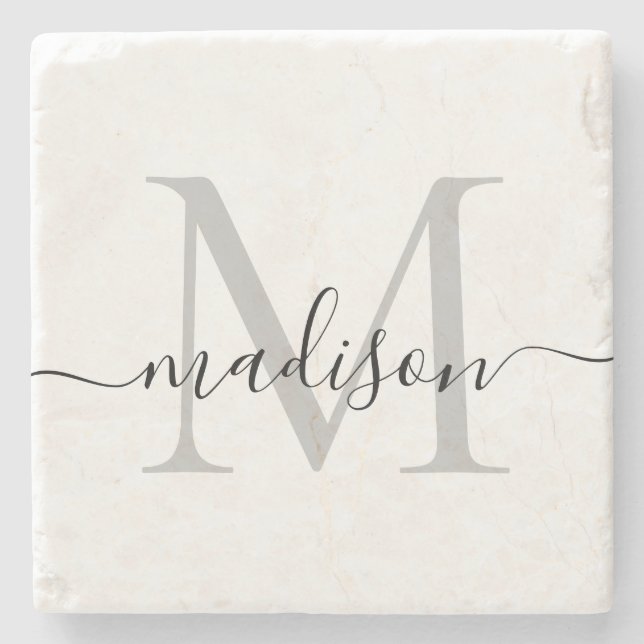 Elegant Personalized Monogram Script Name Stylish Stone Coaster (Front)